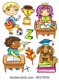 schoolchildren. Isolated on white background. Blond boy with book and soccer ball,  cute Hispanic girl sitting and drawing,  African boy  playing paper plane, very smart dog sitting on books
