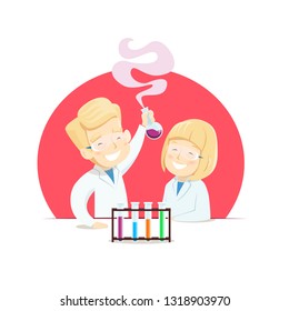 Schoolchildren in lab coats do experiments in chemistry class. Vector illustration.