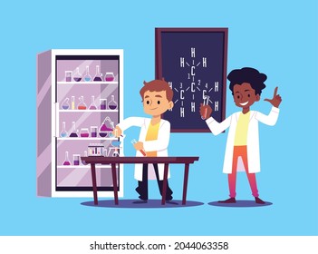 Schoolchildren little scientists conducting experiments in chemical or biological laboratory, flat cartoon vector illustration isolated on blue background.