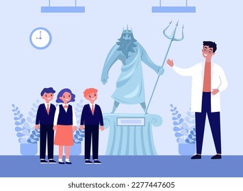 Schoolchildren looking at statue of Zeus during excursion. Museum guide telling students about Greek history or mythology flat vector illustration. Ancient Greece, culture, history, education concept