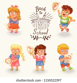 Schoolchildren and marks icons set