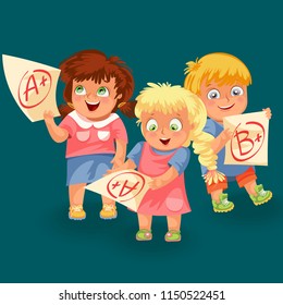 Schoolchildren and marks icons set