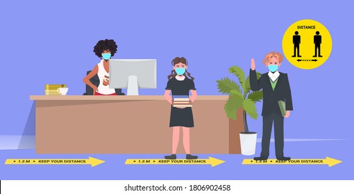 schoolchildren in masks keeping distance to prevent coronavirus pandemic social distancing concept horizontal full length vector illustration