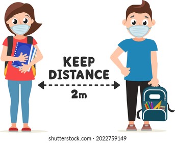 Schoolchildren in medical masks at a distance from each other on a white background