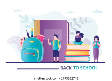 Schoolchildren near huge textbook and backpack. Cute girl sits on stack of books. Back to school horizontal banner, education concept. Open schoolbag with stationery and supplies. Vector illustration