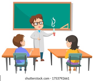 Schoolchildren on chemistry lesson at school with teacher. Man doing experiment in tube with liquid and explaining it to pupils vector illustration