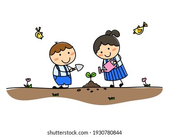 Schoolchildren planting trees save the world. illustration vector.