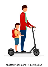 Schoolchildren riding scooter flat vector illustration. Schoolboy with younger brother cartoon characters on white background. Teenage and preteen children going to school. Friends have fun