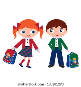 Schoolchildren with schoolbags. Back to school. Vector illustration.