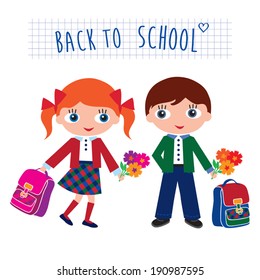 Schoolchildren with schoolbags and flowers. Back to school. Vector illustration.