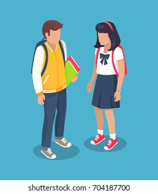 Schoolchildren from secondary school with backpacks, holding books in hands vector illustration isolated. Pupils cartoon characters with rucksack