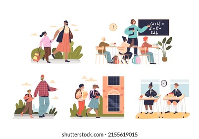 Schoolchildren set with school kids studying, learning, communicating, walking to school and in classroom with teacher during lesson. Cartoon flat vector illustration