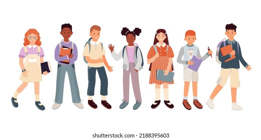 Schoolchildren set vector illustration. Cartoon isolated diverse group of cute children students of primary school standing with backpacks, bags and books, happy little girls and boys wave hand