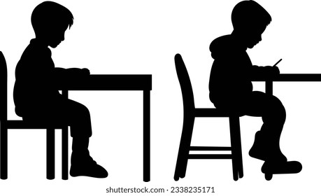 schoolchildren sit at their desks, children do their homework black silhouette vector