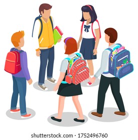 Schoolchildren stand together and talk. Kids in uniform with schoolbags and books. Backpacks inside with supplies vector isolated on white. Back to school concept. Flat cartoon isometric 3d