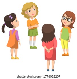 Schoolchildren standing in circle and talking. Boy in glasses smiling. Blonde and brunette girls together. Schoolgirls in dresses or shirts. Back to school concept. Flat cartoon vector illustration