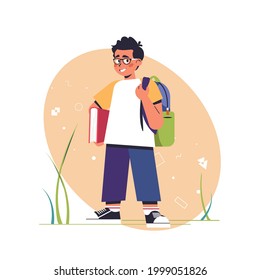 Schoolchildren or student with backpack saying hi or bye to school. Teen standing with books. Back to school, childhood, education, study, success. Colored flat vector illustration isolated on a white