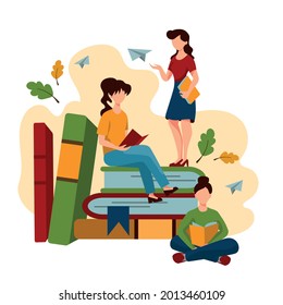 Schoolchildren and students doing homework, conceptual image - Vector illustration
