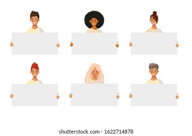 Schoolchildren and students with posters in their hands. Boys and girls are holding sheets of paper. Portraits of happy children with a place for text. Flat cartoon vector illustration.