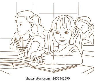 Schoolchildren study at school during the lesson. Vector illustration. Coloring book.