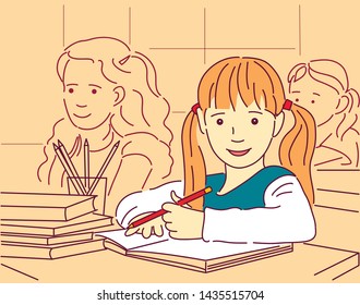 Schoolchildren study at school during the lesson. Vector illustration. Coloring book.