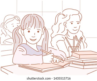 Schoolchildren study at school during the lesson. Vector illustration. Coloring book.