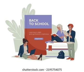 Schoolchildren, teenager. Girl and guy with a book. Girl with a laptop. Back to school. Vector image.