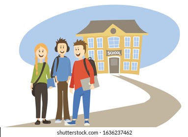 Schoolchildren.  Vector illustration, High school students on the background of the school