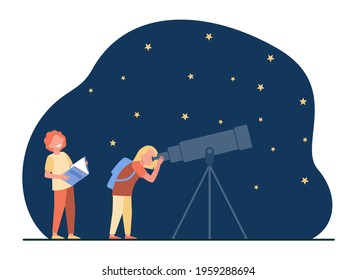 Schoolchildren watching and studying stars through telescope. Flat vector illustration. Friends exploring space together on starry sky background. Space, stars, studying astronomy, friendship concept