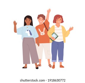 Schoolchildren waving hands and saying hi or bye to school. Diverse kids standing together. Boy and girls smiling and greeting pupils. Colored flat vector illustration isolated on white background