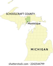 Schoolcraft County and city of Manistique location on Michigan state map