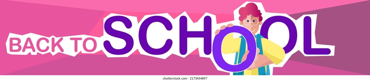 Schooler guy in jacket holding big letter with inscription back to school. Long banner. Template for design. Education. Funny cartoon characters. Vector illustration. Isolated on purple background