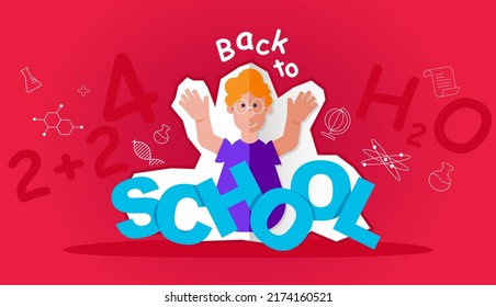 Schooler guy in shirt with big letter with inscription back to school. Long banner. Template for design. Education. Funny cartoon characters. Vector illustration. Isolated on red color background