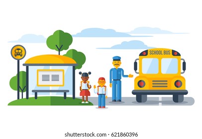 Schoolers getting on yellow schoolbus at bus stop. Back To School education concept. Vector Illustration.