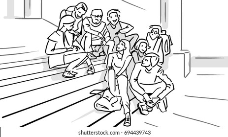 Schoolers are sitting on the stairs black and white vector sketch, simple drawing