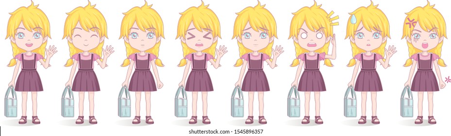 Schoolgirl Anime manga girl Child Set of 8 emotions Preschool