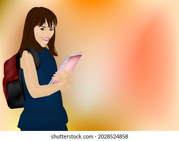 A schoolgirl with a backpack and books in her hands. Back to school. Isolated objects. A vector image.
