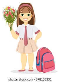 Schoolgirl with backpack and bouquet of flowers. Coming back to school. Cute smiling girl. Cartoon character. Vector illustration.