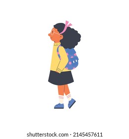 Schoolgirl with backpack cartoon character, flat vector illustration isolated on white background. Curious smart school child in glasses goes to school.