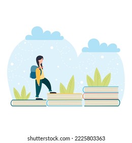 A schoolgirl with a backpack goes up the stairs from the books. Progress in learning. Flat vector in cartoon style.