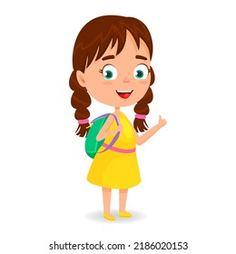 Escolar con mochila está volviendo a la escuela. Tiempo escolar. Personaje de dibujos animados con vector circular para libros, carteles, certificado.