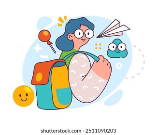 Schoolgirl with backpack going to school. Vector flat cartoon female character with bag heading to classes and lessons to obtain knowledge. Education in college or university