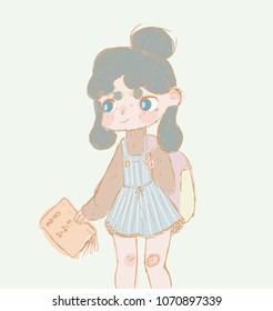 A schoolgirl with a backpack and a handbook for mathematics - funny character - vector illustration
