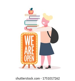 schoolgirl with backpack holding books stack we are open board coronavirus quarantine is over back to school concept full length vector illustration
