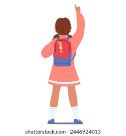 Colegiala con mochila apuntando y mirando hacia arriba, vista trasera. Personaje infantil con el dedo levantado hacia el cielo, descubriendo la maravilla del mundo a través de un simple gesto. Ilustración vectorial de Personas de dibujos animados