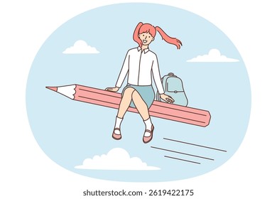 Schoolgirl with backpack sits on giant pencil flying in sky among clouds to be in time for classes at elementary school. Happy schoolgirl heading to study or returning home after finishing class