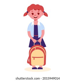 A schoolgirl with a backpack is standing. Vector illustration in flat cartoon style. Isolated on a white background.