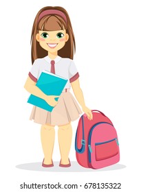 Schoolgirl with backpack and textbook. Coming back to school. Cute smiling girl. Cartoon character. Vector illustration.