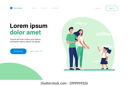 Schoolgirl with backpack walking to her parents. Mom reaching hands to daughter, dad using cell flat vector illustration. Parenthood, family concept for banner, website design or landing web page