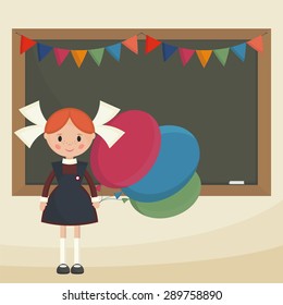 Schoolgirl with balloons near the school board. Soviet schoolgirl in school uniform. Simple flat vector.